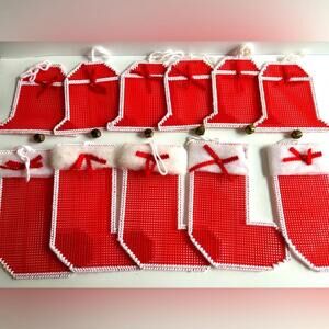 Kitsch Vintage Needlepoint Christmas Stocking Bells Ornaments